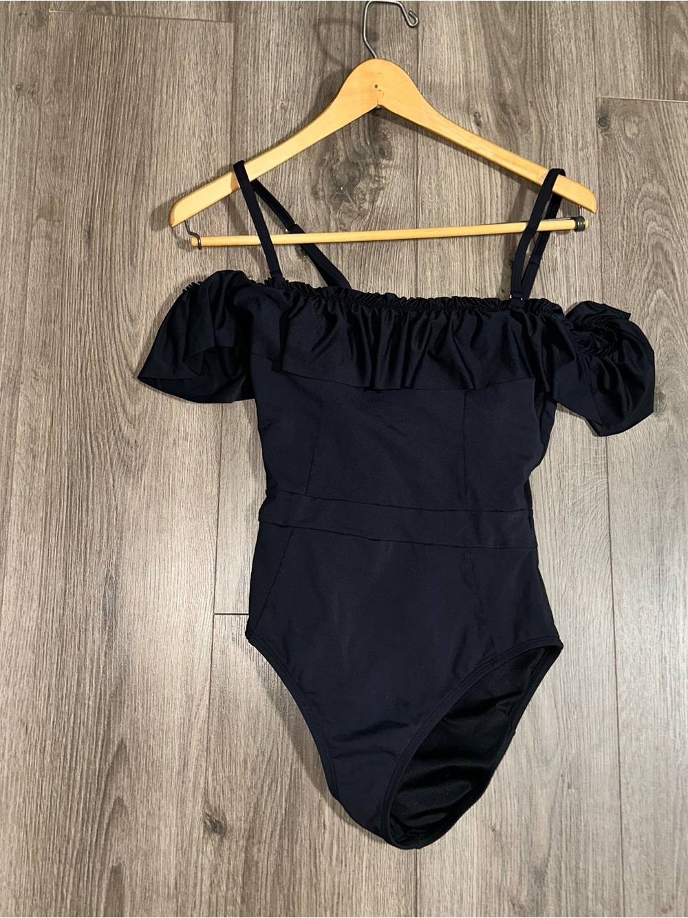 Blue Rod Bettie Black Swimsuit One Piece Shirred Bandeau Ruffle Removable Straps